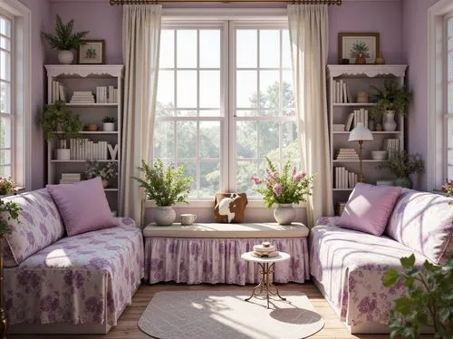 sunroom,livingroom,sitting room,living room,houseplants,bay window,lavender,floral corner,wisteria shelf,home corner,lavender blush,bedroom,victorian room,lilac arbor,interior design,floral mockup,soft furniture,indoor,lavender bunch,house plants