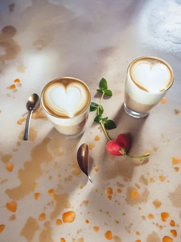 dos cappuccinos  con corazón en la espuma,latte art,coffee art,cappuccinos,coffee fruits,macchiato,café au lait,coffee foam,cute coffee,espressos,cortado,muccino,coffee background,cappucino,procaccino