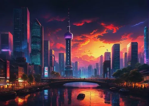 shanghai,guangzhou,futuristic landscape,cityscape,cybercity,fantasy city,shangai,lumpur,world digital painting,kinkade,city skyline,nanjing,colorful city,chengli,chengdu,chongqing,cyberport,city at night,cyberpunk,evening city,Art,Classical Oil Painting,Classical Oil Painting 06