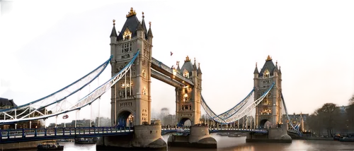 Tower Bridge, London landmark, Gothic style, stone structure, intricate details, arches, towers, suspension bridge, River Thames, morning mist, soft sunlight, panoramic view, low-angle shot, cinematic