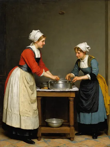 Create a dialogue between two friends while washing dishes together.,girl in the kitchen,cheesemaking,woman holding pie,cookery,laundress,bougereau,hands holding plate,cooks,cooking pot,girl with cere