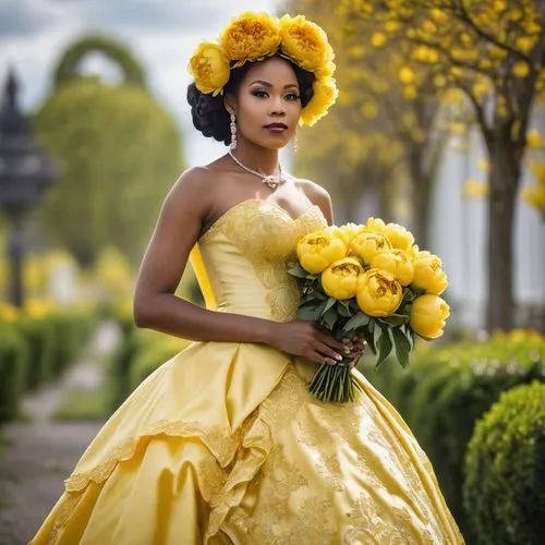 A beautiful African American bride wearing a detailed Victorian Gothic yellow wedding dress. She is carrying a matching yellow bouquet of bright yellow peonies. Background is magical cloudy bokeh.,tia