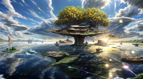 fantasy picture,fantasy landscape,fairy world,3d fantasy,fantasy art,mushroom landscape,dream world,fantasy world,tree of life,parallel worlds,magic tree,world digital painting,floating island,virtual landscape,wonderland,mushroom island,floating islands,virtual world,other world,dreamland