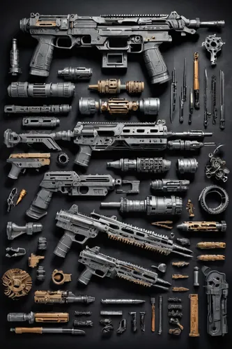 paintball equipment,weapons,gunsmith,firearms,airsoft gun,ammunition,components,submachine gun,disassembled,tools,dissipator,guns,carbine,firearm,drill accessories,raw materials,machine gun,objects,school tools,revolvers,Unique,Design,Knolling