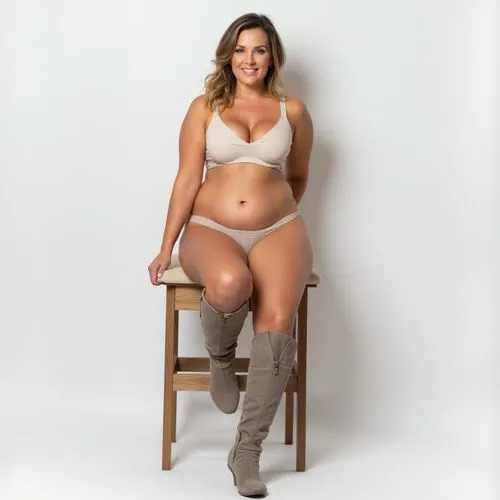 beautful 50yo plussize Milf in cotton underwear and over the knee highboots sits on a bar stool in photo studio, white background,a woman in a  and high heel boots,zissman,nutrisystem,shapewear,kail,b