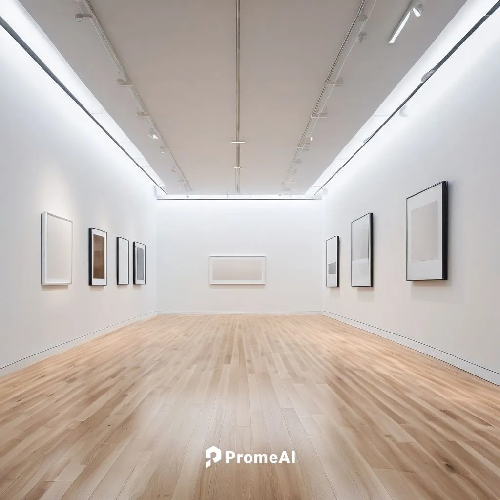 Generate a high-resolution image of a minimalist white art gallery with two intersecting white walls bathed in soft, natural light from a large window on the right side. Include a light wooden floor. 