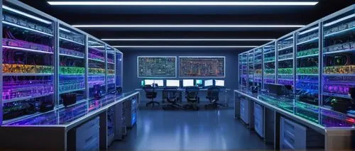 Modern computer architecture, futuristic laboratory setting, sleek metal tables, rows of high-performance computers, intricate circuit boards, colorful wires, LED lights, transparent glass walls, mini