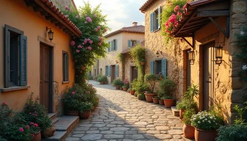 Residential area, regionalism style, Mediterranean village, warm color tone, rustic stone walls, red terracotta roofs, white windows, wooden doors, blooming flowers, lush greenery, narrow cobblestone 