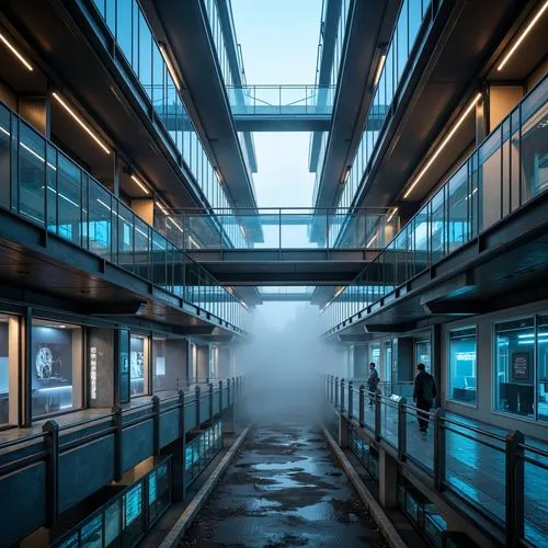 skyways,atmospheres,cyberport,dockage,skybridge,atmosfera,arcology,maersk,dense fog,sanatoriums,skywalks,mist,autostadt wolfsburg,hypermodern,passage,cybercity,corridors,carreau,cyberscene,docks