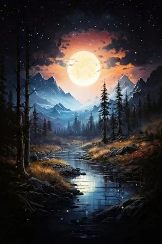 landscape background,fantasy landscape,moonrise,lunar landscape,moonlit night,moon and star background,fantasy picture,forest landscape,moonscape,mountain landscape,salt meadow landscape,mountain scene,night scene,moonlit,nature landscape,mountainous landscape,hanging moon,world digital painting,high landscape,landscapes