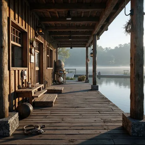 dock,boathouse,boat dock,boathouses,boatshed,wooden pier,undock,boat house,boat shed,docks,cryengine,morning light,dockside,riverwood,houseboat,cottage,summer cottage,rustic,old wooden boat at sunrise,porch