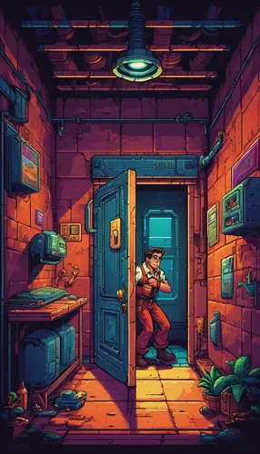 Write a suspenseful scene with Oscar Medina sneaking into a secret facility.,shopkeeper,game illustration,game room,game art,basement,rescue alley,dungeon,playing room,adventure game,abandoned room,co