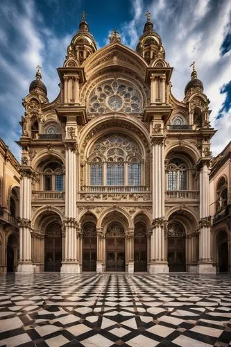 Baroque style, grandiose building, intricate carvings, ornate decorations, high ceilings, symmetrical facade, tall columns, arches, domes, marble floors, stained glass windows, Gothic elements, histor