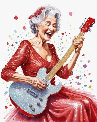 supercentenarian,woman playing,painted guitar,valentine pin up,centenarian,grandmama,Illustration,Abstract Fantasy,Abstract Fantasy 13