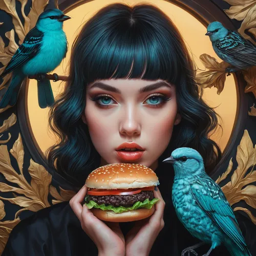 appetite,fantasy portrait,hamburger,veggie burger,girl with bread-and-butter,burger,hunger,chicken burger,food icons,feeding the birds,world digital painting,feeding birds,magpie,vegan icons,cheeseburger,mina bird,bird illustration,fantasy art,food collage,diet icon,Photography,General,Fantasy