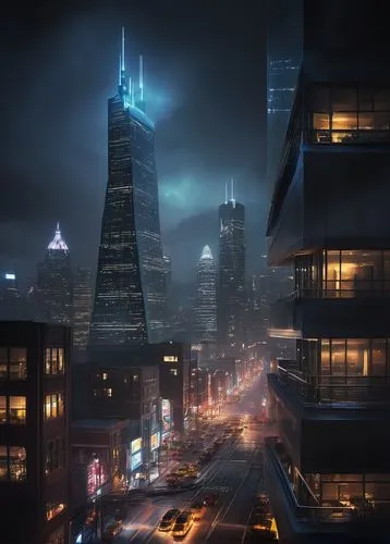 gotham,black city,barad,arkham,city at night,cybercity,cybertown,coruscant,beetham,1 wtc,gothams,darktown,pc tower,highrises,cityscape,cryengine,kaidan,metropolis,evening city,city scape,Conceptual Art,Oil color,Oil Color 11