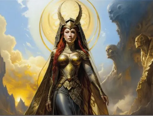 a painting of a woman in armor, standing,sisoulith,prophetess,frigga,asherah,nephthys,etheria,Illustration,Realistic Fantasy,Realistic Fantasy 03