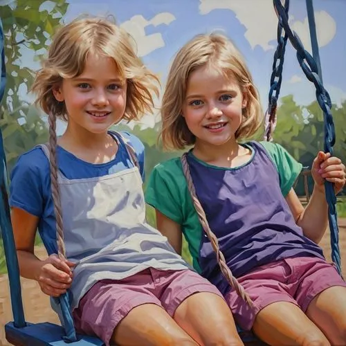 two girls,children girls,child portrait,girl and boy outdoor,oil painting,happy children playing in the forest,swing set,oil painting on canvas,little boy and girl,children,child's frame,little girls,oil on canvas,hanging swing,vintage children,children drawing,children's playground,sisters,garden swing,stick children