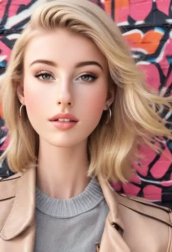 beautiful blonde, wearing 1960s style clothes and makeup, outdoor, London. Photorealistic.,realdoll,barbie,doll's facial features,cool blonde,barbie doll,blonde girl,pink background,blonde woman,model