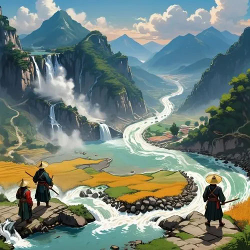 guizhou,yangtze,yangshao,world digital painting,river landscape,falls of the cliff,landscape background,valley,fantasy landscape,mountain scene,mountain world,yauyos,people fishing,gioc village waterfall,mountainous landscape,fjord,mekong,cascada,tianchi,vietnam,Unique,Design,Character Design