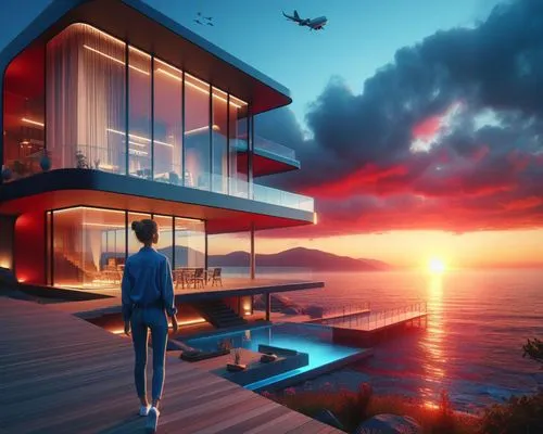 sun sunrise,sky apartment,modern house,house by the water,beachhouse,ocean view,modern architecture,futuristic architecture,sky space concept,smart house,beach house,floating huts,smart home,beautiful