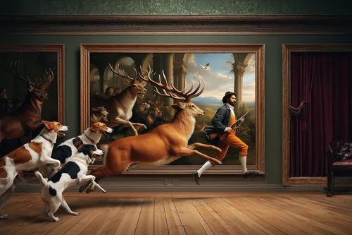 hunting scene,landseer,kennel club,hunting dogs,animals hunting,whimsical animals,artois hound,meticulous painting,art gallery,dog frame,hanover hound,man and horses,hunting dog,surrealism,woodland animals,pere davids deer,horse-rocking chair,paintings,dobermann,3d archery