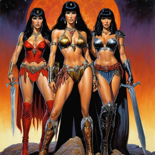 wonder woman city,trinity,wonderwoman,the three graces,wonder woman,birds of prey,angels of the apocalypse,justice league,heroic fantasy,woman power,warrior woman,fantasy woman,girl power,the three magi,holy three kings,super heroine,internationalwomensday,witches,three kings,beautiful girls with katana,Illustration,American Style,American Style 07