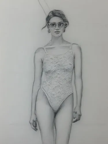 白色背景,a drawing of a girl in a white bodysuit,pencil and paper,silverpoint,pencil,muszaphar,pencil art,female body,Illustration,Black and White,Black and White 35