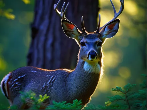 mule deer, diluted color palette, soft fur texture, alert stance, large ears, gentle eyes, antlers, forest background, green foliage, serene, natural light, wildlife, close-up shot, detailed fur, 3/4 