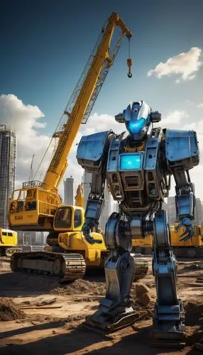 Futuristic construction site, AIA robot, metallic body, glowing blue eyes, intricate mechanical details, yellow hard hat, reflective vest, heavy machinery, excavator, crane, concrete mixer, steel beam