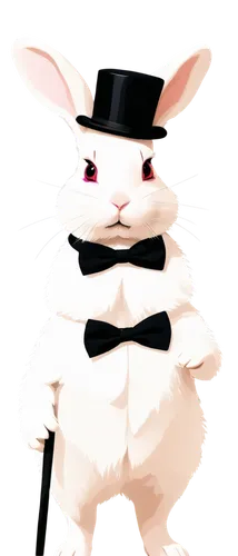 Rabbit, male, formal wear, tuxedo, white shirt, black bow tie, top hat, monocle, holding cane, standing upright, proud posture, shiny fur, whiskers, cute face, pink nose, soft lighting, cinematic comp