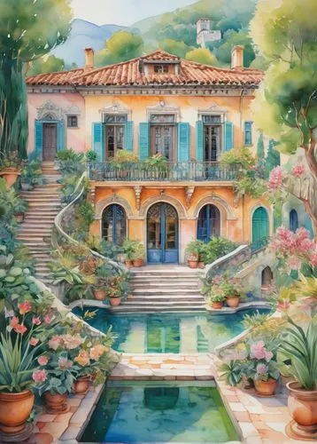 hacienda,giardino,home landscape,provencal,mexican painter,jardines,casa,villa,dreamhouse,lachapelle,patios,watercolor cafe,gardens,provencale,positano,azulejo,jardin,casita,alhambra,secret garden of venus,Illustration,Abstract Fantasy,Abstract Fantasy 04