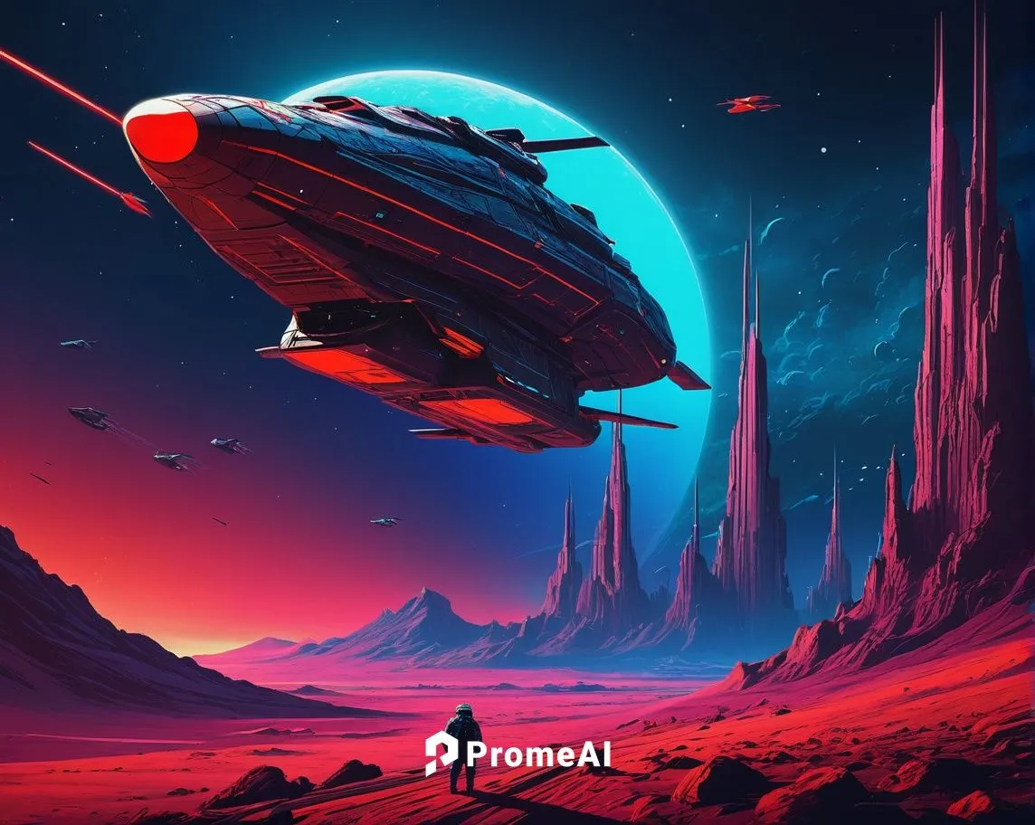 Una batalla aeroespacial. Los colores son rojos y azules. Estilo de dibujo Retro Sci-Fi. Estilo de dibujo Synthwave.,futuristic landscape,alien ship,scifi,alien planet,ufo,space ships,sci fiction illu