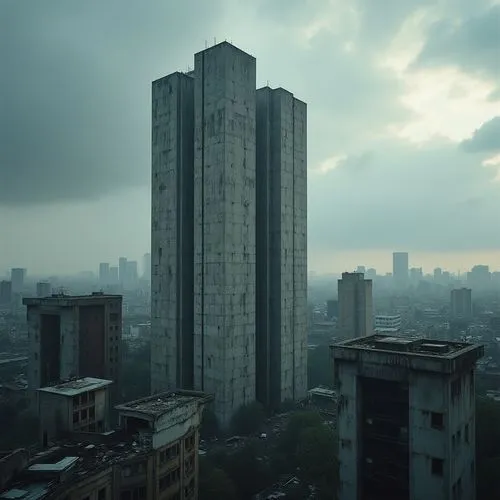 Brutalist architecture, urban landscape, concrete jungle, rough texture, industrial atmosphere, fortress-like building, narrow windows, brutalist skyscraper, cityscape, metropolitan area, cloudy sky, 