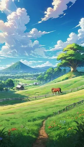 landscape background,grassfields,countryside,rural landscape,farm background,meadow landscape,blooming field,farm landscape,ghibli,studio ghibli,grassland,springtime background,clover meadow,grasslands,pony farm,thatgamecompany,salt meadow landscape,green fields,high landscape,beautiful landscape,Illustration,Japanese style,Japanese Style 03