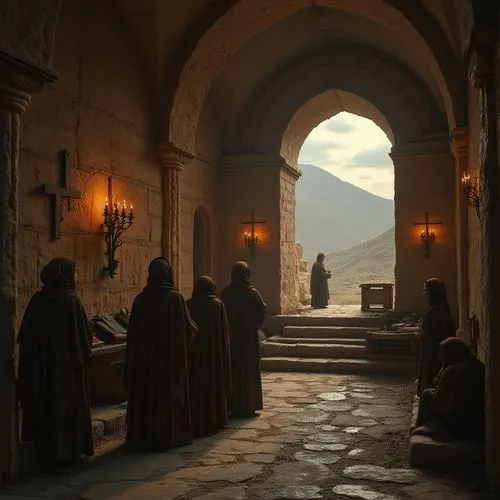 Rough-textured sandstone walls, brutalist monastery architecture, rugged stone pillars, cold dark corridors, dimly lit, mysterious atmosphere, worn-out stone stairs, solemn monks in brown habits, pray