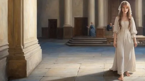 classicism painting: ((female defendant, long dress, barefoot. bare feet, bare toes)), inside 17th century courtroom, standing on stone floor, 2 bare feet with 5 toes showing each,margaery,galadriel,t