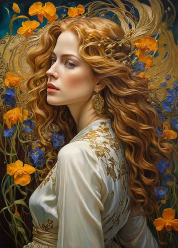 fantasy portrait,mystical portrait of a girl,romantic portrait,fantasy art,the garden marigold,golden flowers,golden haired,jessamine,faery,vanessa (butterfly),faerie,golden wreath,crown marigold,fairy queen,golden lilac,golden crown,secret garden of venus,marigold,gold yellow rose,the enchantress,Illustration,Realistic Fantasy,Realistic Fantasy 03