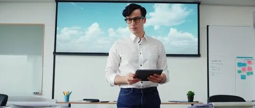 Male designer, 30s, bespectacled, short black hair, white shirt, rolled-up sleeves, dark jeans, sneakers, holding a tablet, standing in front of a large whiteboard, modern minimalist office interior, 