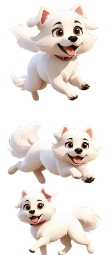 Animated dog, transparent background, cute expression, fluffy white fur, black nose, shiny eyes, wagging tail, running pose, dynamic movement, soft focus, vibrant colors, whimsical atmosphere, cartoon