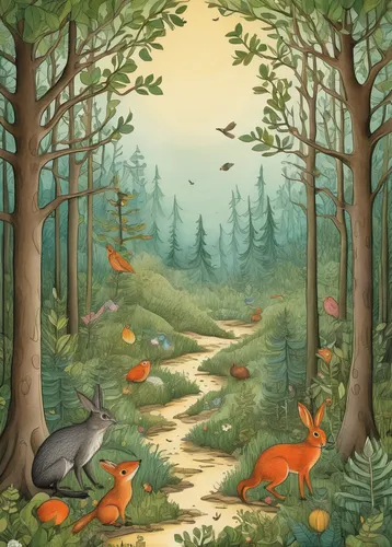 hare trail,forest path,woodland animals,forest animals,wild animals crossing,fairy forest,rabbits and hares,cartoon forest,forest glade,hiking path,pathway,animal lane,forest road,fox and hare,forest background,enchanted forest,the mystical path,forest of dreams,the path,riparian forest,Illustration,Realistic Fantasy,Realistic Fantasy 31