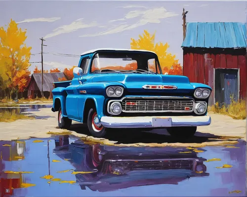 pickup-truck,gaz-21,ford truck,w112,1957 chevrolet,chevrolet,chevrolet 150,lada,chevy,chevrolet bel air,ford,lotus cortina,oil on canvas,ford pilot,oil painting,mercury meteor,w111-112,oil painting on canvas,blue painting,simca,Conceptual Art,Oil color,Oil Color 02