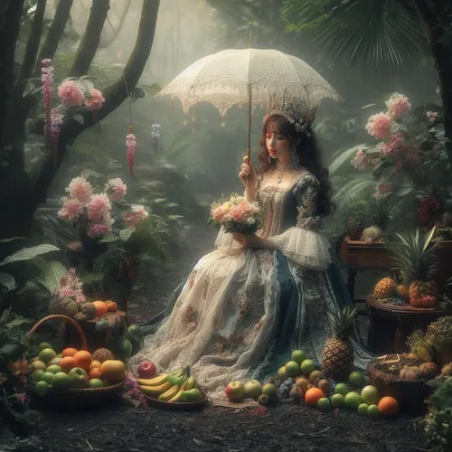 Extender y completar la imagen,fantasy picture,bowl of fruit in rain,little girl with umbrella,fantasy portrait,fantasy art,faery,girl in the garden,cinderella,photo manipulation,romantic portrait,fai