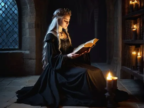 lectio,compline,prioress,gothic portrait,candlelit,candlemaker,Illustration,Realistic Fantasy,Realistic Fantasy 07