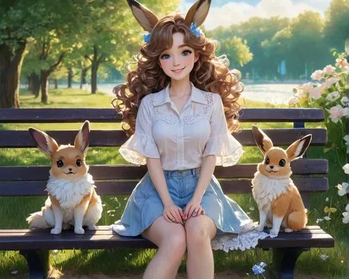 Eevee, human, sweet smile, gentle eyes, curly brown hair, pale skin, freckles on nose, casual wear, white shirt, blue jeans, sneakers, sitting, relaxed pose, park bench, sunny day, green grass, bloomi