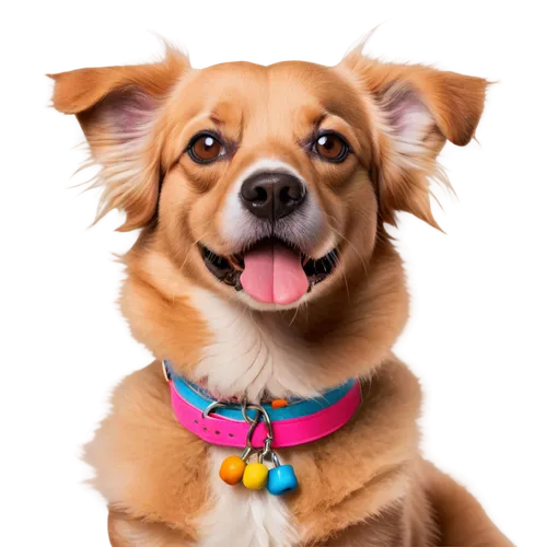 Funny dog pictures, cute dog face, big brown eyes, floppy ears, curly fur, sitting posture, front legs crossed, tongue out, happy expression, colorful collar with bells, cartoonish style, soft focus, 