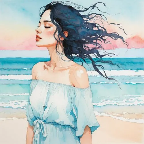 sea breeze,watercolor blue,girl on the dune,watercolor women accessory,watercolor background,the wind from the sea,watercolor painting,beach background,sea-shore,sea beach-marigold,watercolor,sea-lavender,boho art,ocean blue,watercolor pencils,by the sea,watercolor paint,shades of blue,ocean,jasmine blue,Illustration,Paper based,Paper Based 19