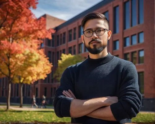 MIT Architecture Masters, male, 30s, glasses, short hair, beard, black turtleneck sweater, dark blue jeans, black sneakers, holding a large portfolio, standing confidently, MIT campus, red brick build