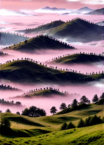 rolling hills,foggy landscape,purple landscape,hills,landscape background,djerassi,orinda,mountainous landscape,landscape,mountain landscape,sea of fog,savanes,foggy mountain,mushroom landscape,high landscape,marin county,hillside,toscana,tea field,fog banks,Illustration,Black and White,Black and White 11