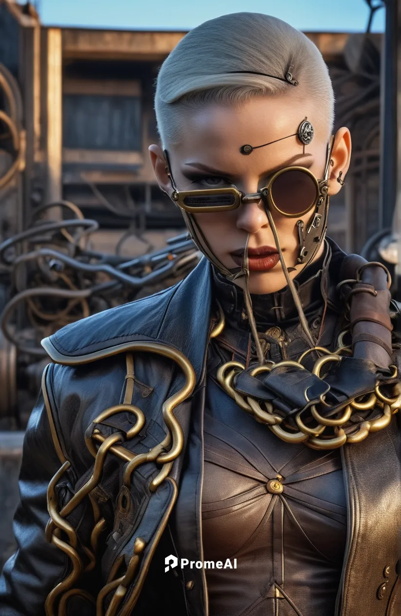 Warpunk styling. ,cyberpunk,cyborg,cybernetics,cyber glasses,steampunk,massively multiplayer online role-playing game,streampunk,harnessed,wearables,barb wire,biomechanical,electro,chainlink,female wa